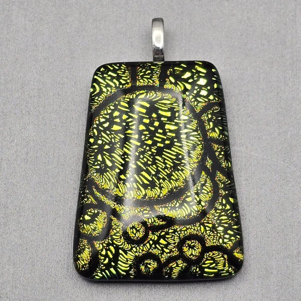 Dichroic Glass Pendant 1.75" Green & Black Circular Motif Trapezoid Shape